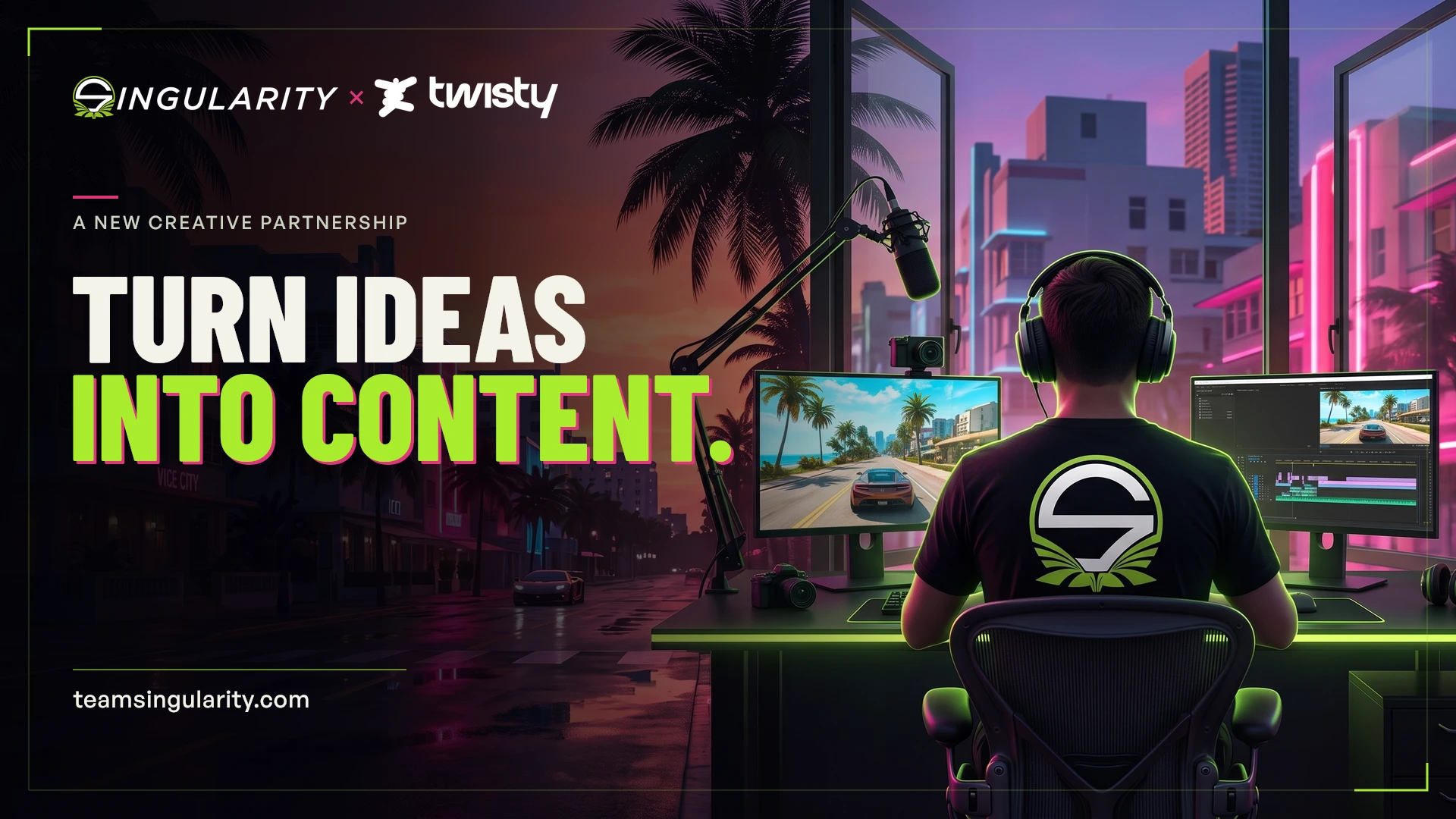 Team Singularity × Twisty: Turn ideas into content. A creator wearing an SNG T-shirt in a neon-lit Vice City-inspired setting.